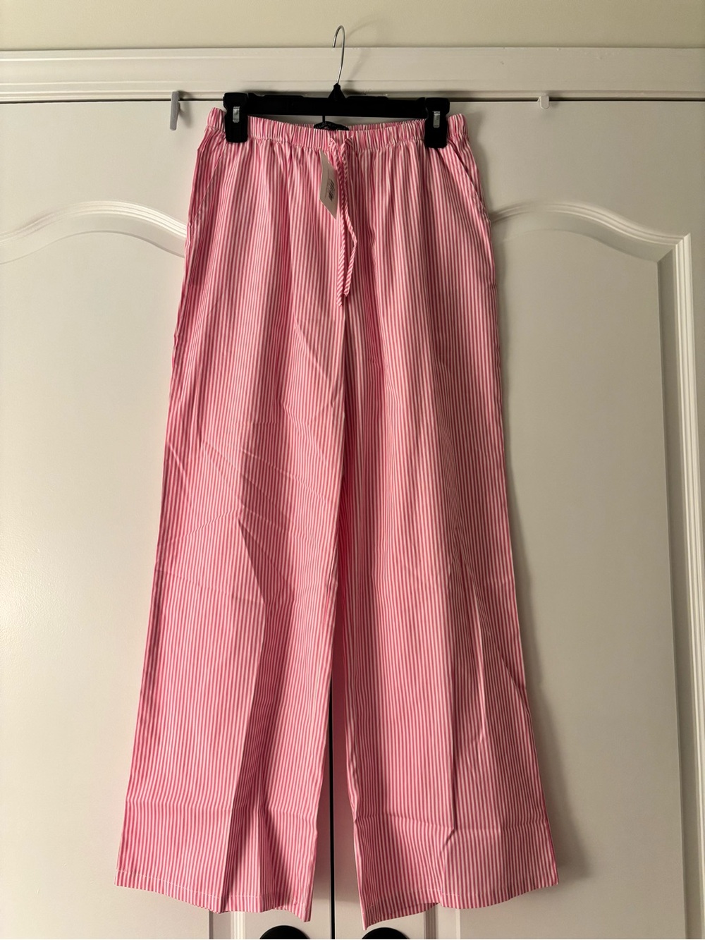 Women's Pink Striped Straight-Leg Drawstring Pants